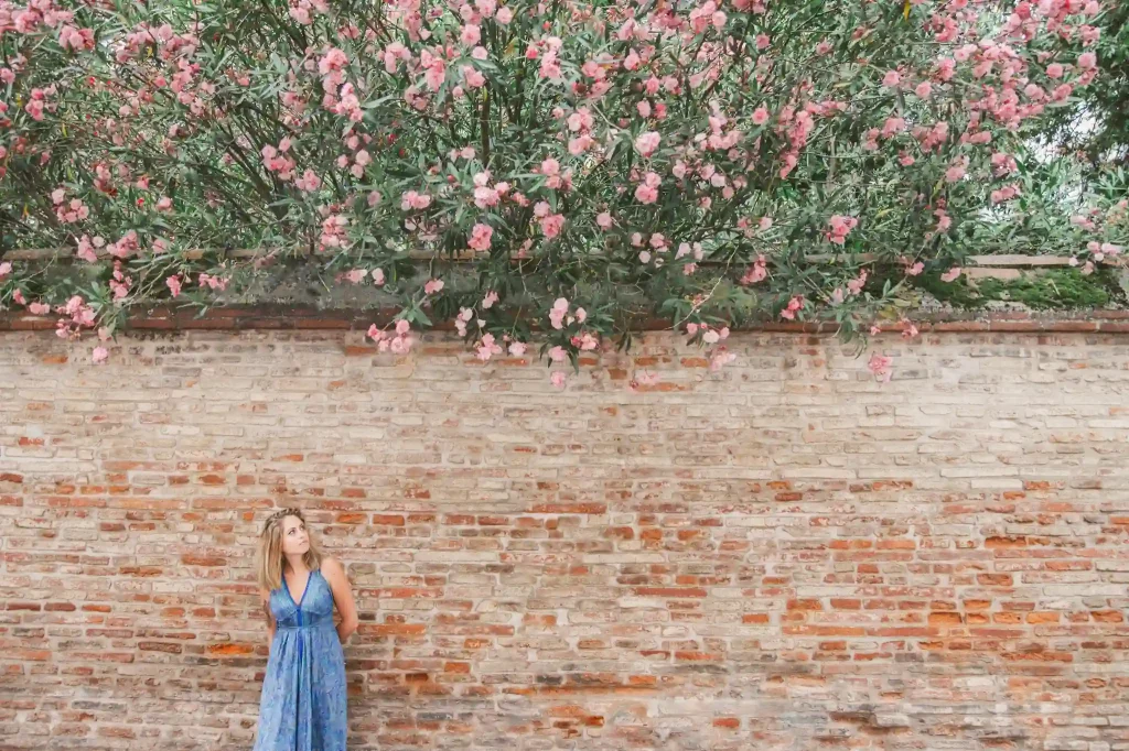 Séance photo portrait à Toulouse dans le quartier Saint-Cyprien avec Tina. Elle est adossée à un mur en brique rouge et regarde le laurier rose immense qui surplombe le mur.