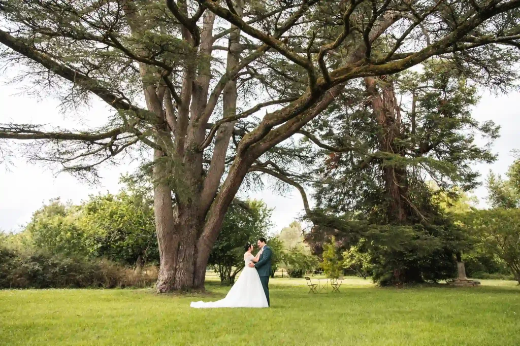 Photographe de Mariage à Toulouse au domaine de la Chartreuse de Dane. Les mariés profite de leur journée durant les photos de couple sous le magnifique cèdre.